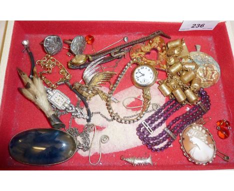 Vintage costume jewellery, inc. an amethyst bracelet, silver gilt bird brooch, gold filled wrist watch, Alvis Studio cufflink