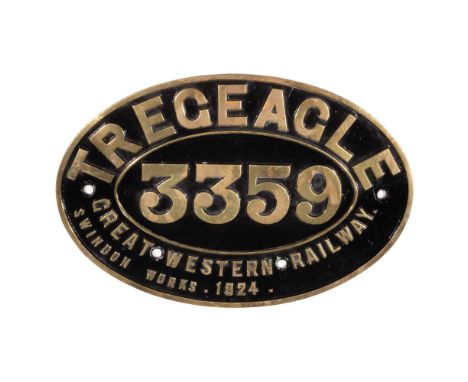 GWR Brass Combine Worksplate TREGEAGLE 3359 4-4-0 Bulldog Class  Originally numbered 3371, built December 1900, withdrawn Sep