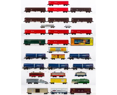 MTH Model Train O Scale Train Car Assortment  (31) items including coal cars, tram cars, oil tankers and others, a box for a 