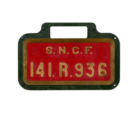 SNCF Brass Tenderplate 141.R.936  Cast brass plaque having a red field with raised lettering  Property from: The Estate of Th