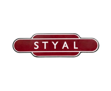 Totem STYAL RAILWAY Sign  British Railways fully flanged brown and white enameled steel  Property from: The Estate of Thomas 