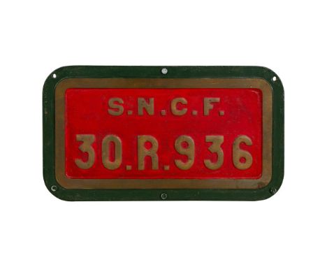 SNCF Brass Tenderplate 30.R.936  Brass plaque having a red field with green border, raised brass lettering, back having raise