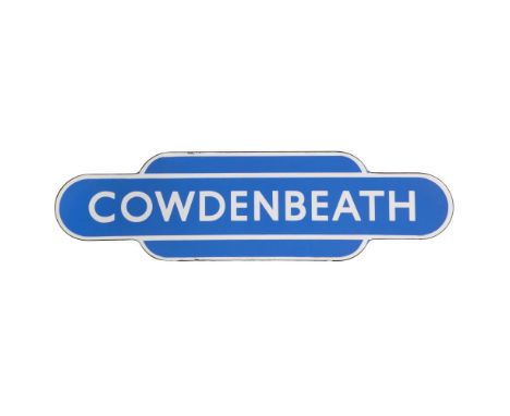 Totem COWDENBEATH RAILWAY Sign  British Railways fully flanged blue and white enameled steel  Property from: The Estate of Th
