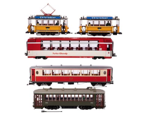 LGB Lehmann Model Train G Scale Passenger Car Assortment  (4) items including a Chlorodont tram set having #2035 trolley with