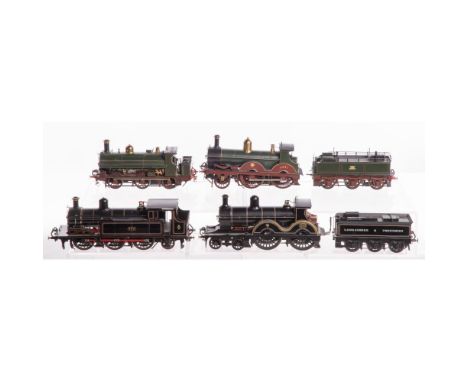 Model Train O Scale Locomotive Assortment  (6) items including an unlettered 2-2-2 Saddle tank, a 3232 class 2-4-0 Great West