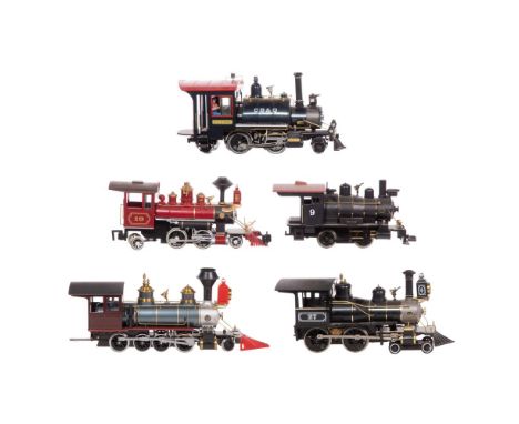 Model Train G Scale Steam Locomotive Assortment  (8) items including an REA model #21101S G CB&amp;Q 2-4-2, an HLW #27 4-4 wi