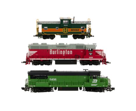 USA Trains Model Train G Scale Locomotive and Caboose Assortment  (3) items including an #R22201 Burlington GP38-2 F diesel t