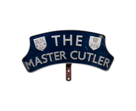 Master Cutler Locomotive Headboard  Cold cast resin having a blue ground, raised silver lettering and coat of arms, mounting 