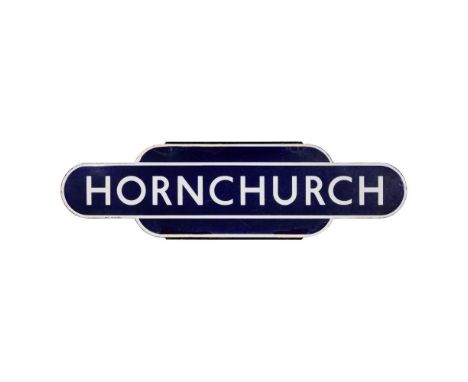 Totem HORNCHURCH RAILWAY Sign  British Railways enamel and steel in Eastern region colors, half flange  Property from: The Es