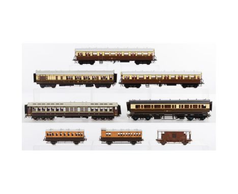 Model Train O Scale Assortment  (7) hand painted items including passenger cars and cabooses  Property from: The Estate of Th