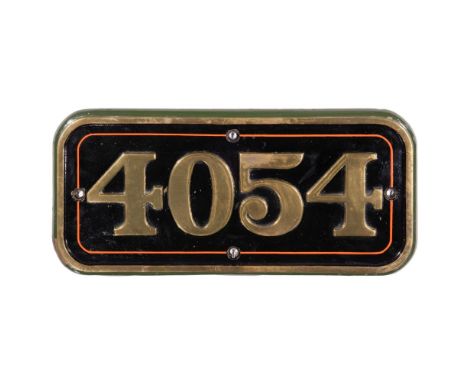 GWR Brass Cabside Numberplate 4054 ex PRINCESS CHARLOTTE 4-6-0  Built 1914, withdrawn 1952, rim stamped 'Engine Class, Boiler