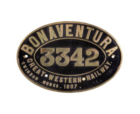 GWR Brass Combine Worksplate BONAVENTURA 3342 4-4-0 Bulldog Class  Originally numbered 3354, built 1900, withdrawn 1938, rim 