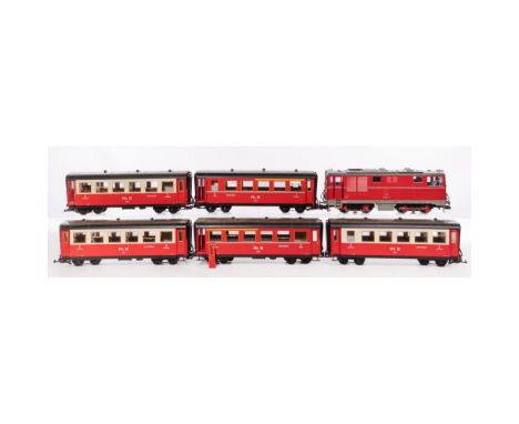 LGB Lehmann Model Train G Scale Car Assortment  (6) piece set 'Rh B Chur-Pontresina' having a locomotive OBB #2095.11 and (5)