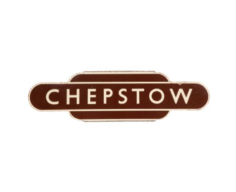 Totem CHEPSTOW RAILWAY Sign  British Railways half-flanged brown and white enameled steel  Property from: The Estate of Thoma