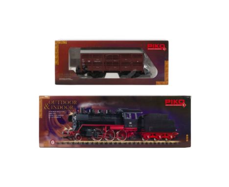 Piko Model Train G Scale Locomotive and Car  (2) items including an indoor / outdoor, #37220D steam locomotive #24054 and ope