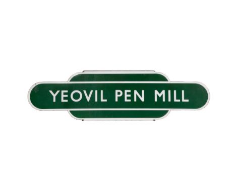 Totem YEOVIL PEN MILL RAILWAY Sign  British Railways half-flanged green and white enameled steel  Property from: The Estate o