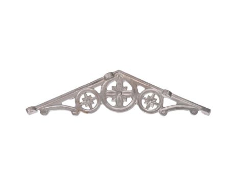 Railway Cast Aluminum Architectural Bracket  Having an 135-degree angle centering a rosette flanked by smaller rosettes, dril