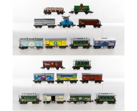 ETS Praha Model Train O Scale Car Assortment  (19) items including a Steeple cab locomotive #2, box cars, passenger cars, log