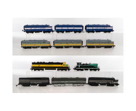 MTH Model Train O Scale Car Assortment  (5) items including a 3-piece Long Island Lines set having (2) locomotives #220, #221