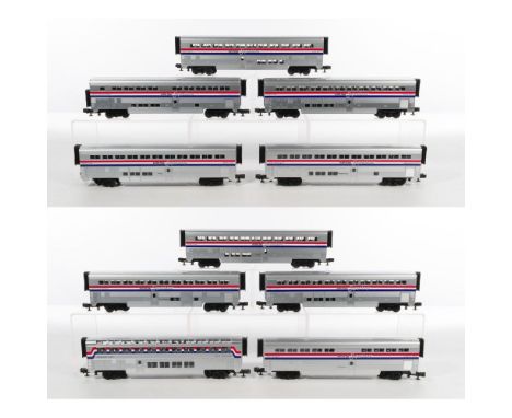 MTH Model Train O Scale Amtrak Passenger Car Collection  (10) items including (5) passenger coaches, a dining car, a lounge c