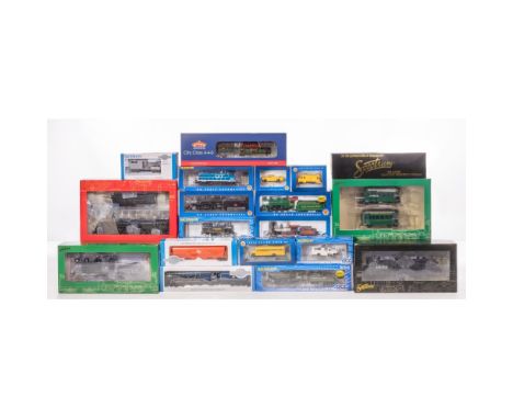 Bachmann Model Train HO Scale Assortment  (19) items including locomotives with tenders, locomotives, cars and rail vehicles,