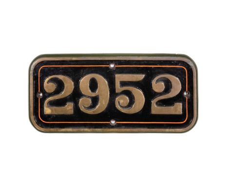 GWR Brass Cabside Numberplate 2952 ex TWINEHAM COURT 4-6-0  Built 1913, withdrawn 1951, rim stamped 'Engine Class 4...0.V, Bo