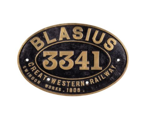 GWR Brass Combine Worksplate BLASIUS 3341 4-4-0 Bulldog Class  Originally numbered 3353, built May 1900, withdrawn November 1
