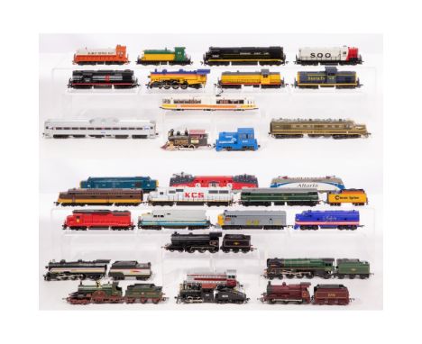 Model Train HO Scale Assortment  (30) items including locomotives with tenders, freight cars, passenger cars, rail cars from 