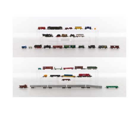 Model Train Z Scale Assortment  Over (30) items including locomotives, flatcars, freight cars, passenger cars and box cars fr