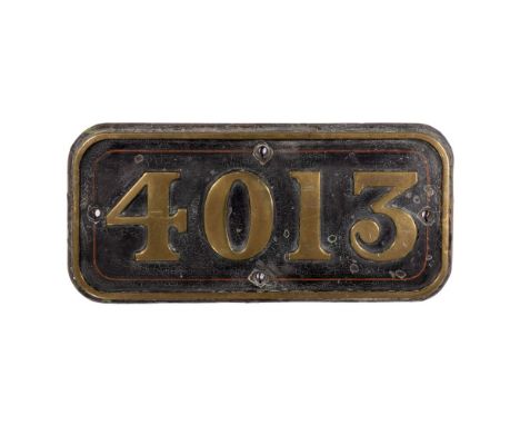 GWR Brass Cabside Numberplate 4013 ex KNIGHT OF ST. PATRICK 4-6-0  Built 1908, withdrawn 1950, rim stamped 'Engine Class...T,