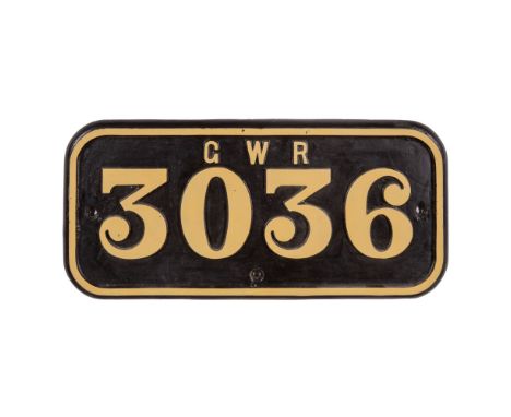 GWR Cast Iron Cabside Numberplate 3036 ex Rod Class 2-8-0  Built 1927, withdrawn 1958  Property from: The Estate of Thomas ('