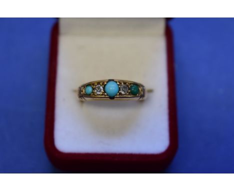 An 18ct gold turquoise and diamond gypsy set ring; together with a 9ct gold and jade shamrock bar brooch. 