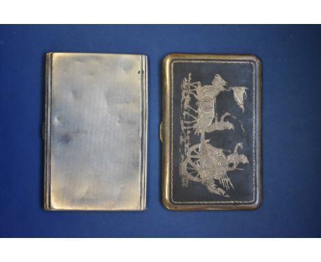 An engine turned silver cigarette case, 167g; together with a sterling silver niello example. 