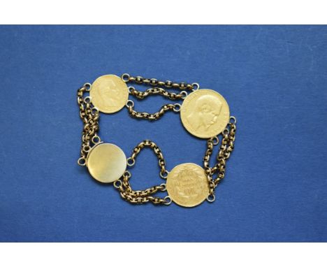 An unmarked French gold coin bracelet, comprising a 5 franc, 10 franc and 20 franc, joined by a fancy link chain, 21.5g. 