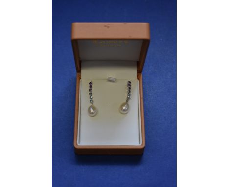 A pair of 18ct gold pearl pendant earrings, the drops set amethyst and aquamarine. 