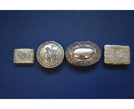 A silver engine turned snuff box, by John Rose, Birmingham 1946, 41.5g; together with three other silver examples. 