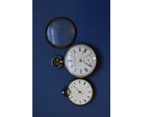 An .800 open faced pocket watch, having enamel dial and Roman numerals; together with a Dupin open faced pocket watch. 