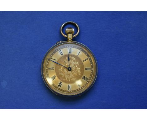 An 18k gold open faced pocket watch, stem wound, having chased gold dial, 3cm. 