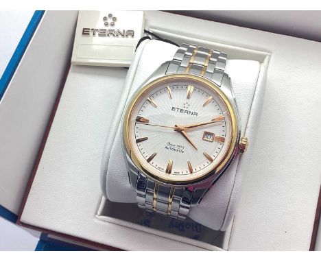 Eterna; Avant-Garde Two-Tone Stainless Steel Wristwatch, the signed textured dial with baton markers and date aperture window