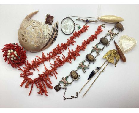 Antique Twig Coral Necklace, mother of pearl heart brooch, Egyptian Revival panel bracelet (damaged), RAF Wings bar brooch, g