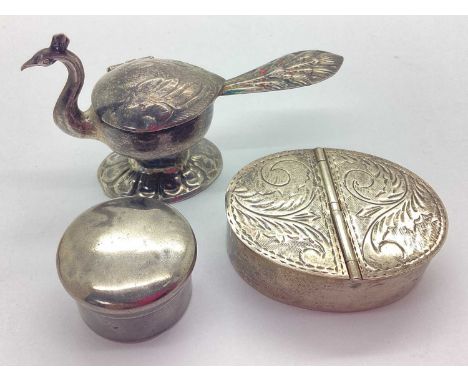 A Hallmarked Silver Two Sided Hinged Pill Box, CME, of oval form with twin hinged lids of scrolling design, together with a h