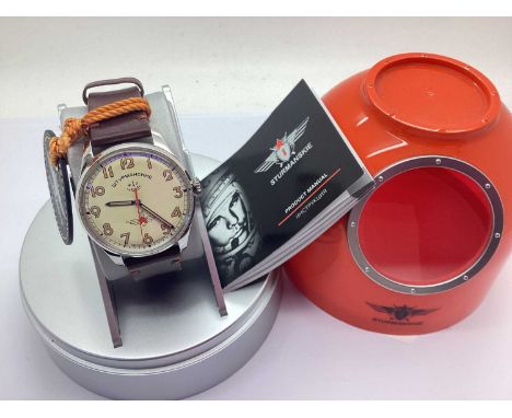 Sturmanskie; Gagarin 50th Anniversary Stainless Steel Gent's Wristwatch, the signed dial with Arabic numerals, on a brown lea