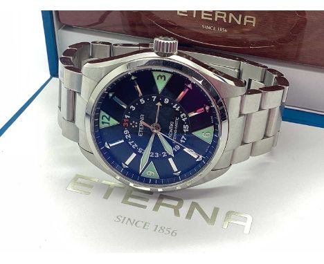 Eterna; KonTiki Eterna-Matic 4 Hand Stainless Steel Gent's Wristwatch, the signed black dial with baton markers and luminous 