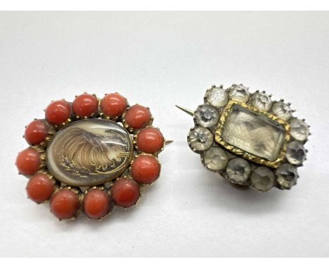 A XIX Century Coral Inset Hair Work Mourning Brooch, oval glazed panel to the centre (closed back setting); A Smaller Antique
