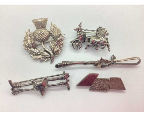 A Collection of 'Sterling', 'Silver' and Other Brooches, to include Celtic thistle style, Modernist design, equestrian style 