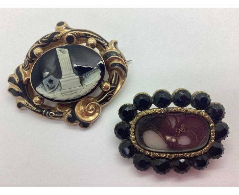 A XIX Century Locket Back Mourning Brooch, oval collet set to the centre, within shaped frame highlighted in black enamel, gl