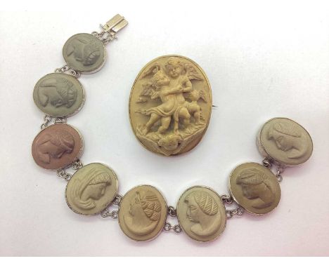 A Victorian Lava Cameo Panel Bracelet, oval collet set, to snap clasp, 19.5cm long; A XIX Century Lava Cameo Brooch, detailed