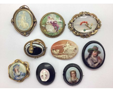 A Collection of Assorted XIX Century and Later Brooches, including oval shell carved cameo, ceramic portrait panel, Limoges, 