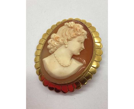 A 9ct Gold Carved Shell Cameo Panel Brooch, the oval panel depicting the portrait of a lady, collet set within textured scall