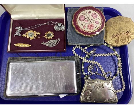 An Assortment of Costume Jewellery, to include Victorian style three stone brooch in the form of a boat, marcasite set feathe